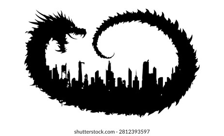 A striking black silhouette of a dragon coiled around a modern city skyline, symbolizing power, protection, and mythical influence over urban life.