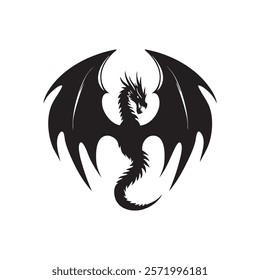 A striking black silhouette of a dragon with outstretched wings.