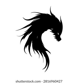 A striking black silhouette of a dragons head with flowing mane, emphasizing fantasy and mythical creature themes in digital art.