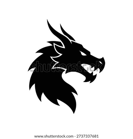 A striking black silhouette of a dragon's head, showcasing fierce details and sharp features, perfect for logos and fantasy themes. Flat design.