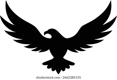 A striking black silhouette of an eagle with outstretched wings, showcasing its powerful form and soaring grace. The silhouette style is a prominent feature.