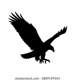 A striking black silhouette of an eagle soaring with wings fully extended, symbolizing freedom and strength against a plain white background.