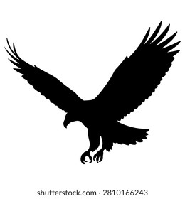A striking black silhouette of an eagle soaring with wings spread wide, symbolizing freedom and strength against a plain white background.