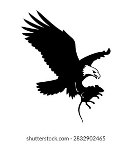 A striking black silhouette of an eagle soaring with wings fully extended, showcasing power and grace in flight against a plain background.
