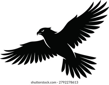 A striking black silhouette of an eagle with wings spread wide, captured in mid-flight against a stark white background.