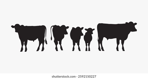 A striking black silhouette of five cows standing together, capturing the essence of farm life and livestock. This image is ideal for agricultural themes, dairy farming, or any content related to catt