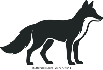 A striking black silhouette of a fox, showcasing its alert posture and distinctive white fur accents on its chest and tail.