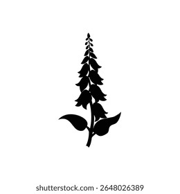 A striking black silhouette of a foxglove flower against a clean white background, perfect for botanical illustrations, gardening themes, or elegant decorative elements.