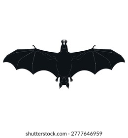 A striking black silhouette of a fruit bat, also known as a flying fox, is depicted with its large wings fully extended. This vector graphic is ideal for themes of nature, Halloween, or nighttime.