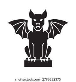 A striking black silhouette of a gargoyle statue featuring detailed bat wings, an open-mouthed expression, and a textured body. The statue stands on a jagged, rectangular base, set against a plain bac.