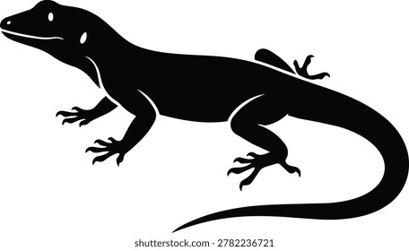 A striking black silhouette of a gecko lizard, showcasing its distinctive body shape and long tail against a clean white background.