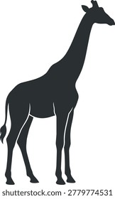 A striking black silhouette of a giraffe, showcasing its long neck and distinctive body shape against a plain background.
