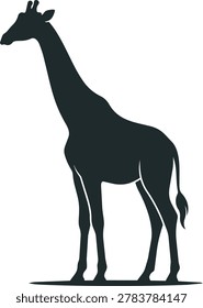 A striking black silhouette of a giraffe, showcasing its long neck and distinctive body shape against a white background.