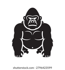 A striking black silhouette of a gorilla in a bold, minimalist style. The illustration features detailed musculature and expressive facial features, rendered in high contrast against a plain white bac.