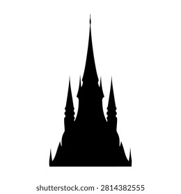 A striking black silhouette of a gothic castle featuring tall spires and intricate architectural details against a plain white background.