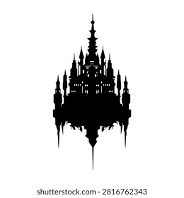 A striking black silhouette of a Gothic castle featuring multiple spires and towers, set against a plain white background.
