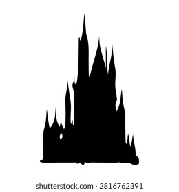 A striking black silhouette of a Gothic castle featuring tall spires and intricate architectural details against a plain white background.