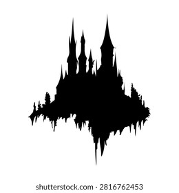 A striking black silhouette of a gothic castle featuring multiple spires and turrets, set against a white background, emphasizing architectural grandeur.