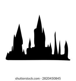 A striking black silhouette of a Gothic castle featuring tall spires, towers, and intricate architectural details against a white background.