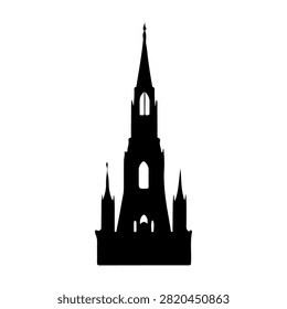 A striking black silhouette of a Gothic castle tower featuring spires and arched windows, set against a plain white background.