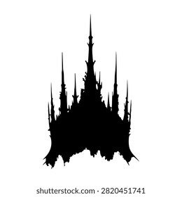 A striking black silhouette of a Gothic castle featuring tall spires, intricate details, and a majestic presence against a plain background.