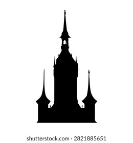 A striking black silhouette of a Gothic castle tower featuring multiple spires and intricate architectural details against a white background.