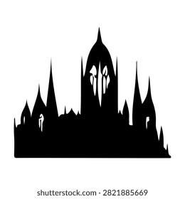 A striking black silhouette of a Gothic castle featuring tall spires, towers, and intricate architectural details against a plain background.