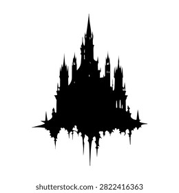 A striking black silhouette of a Gothic castle featuring multiple spires and towers, set against a plain white background, emphasizing architectural details.