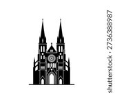 A striking black silhouette of a gothic cathedral with two spires and intricate architectural details, isolated on a white background.