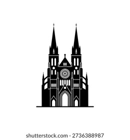 A striking black silhouette of a gothic cathedral with two spires and intricate architectural details, isolated on a white background.