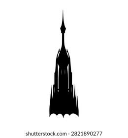 A striking black silhouette of a Gothic cathedral spire against a white background, emphasizing architectural elegance and historic design.