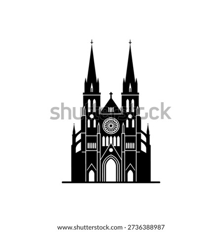 A striking black silhouette of a gothic cathedral with two spires and intricate architectural details, isolated on a white background.