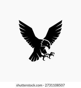 Striking black silhouette of a hawk or eagle in a dynamic flight pose, wings spread and talons ready. Represents power, freedom, and precision. Ideal for logos or graphic design.