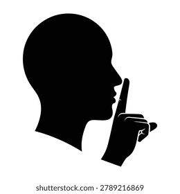 A striking black silhouette of a human head in profile gesturing for silence with a finger held to the lips. Represents secrecy, confidentiality, and discretion.