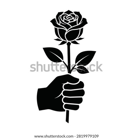 A striking black silhouette icon featuring a human hand firmly holding a single blooming rose. This minimalist design is perfect for romantic themes and symbols.
