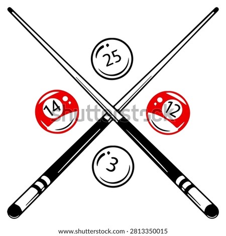 A striking black silhouette illustration featuring crossed billiard cues surrounded by numbered pool balls, creating a classic game room aesthetic.