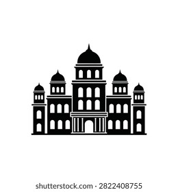 A striking black silhouette of an imposing building featuring multiple domes and symmetrical architecture, set against a white background.