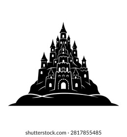 A striking black silhouette of an imposing medieval castle with multiple towers and battlements, set against a white background.