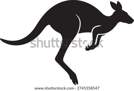 A striking black silhouette of a kangaroo captured mid-jump, showcasing its powerful legs and distinctive profile against a clean white background.
