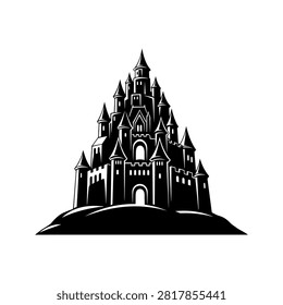 A striking black silhouette of a large, ornate gothic castle perched atop a hill, against a white background.