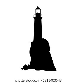 A striking black silhouette of a lighthouse perched on a rocky outcrop, set against a plain white background, emphasizing its structure and commanding presence.