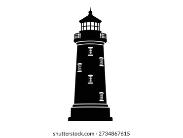 A striking black silhouette of a lighthouse set against a clean white background, evoking a sense of serenity and guidance.