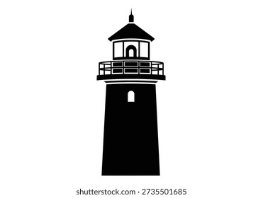 A striking black silhouette of a lighthouse set against a clean white background, evoking a sense of serenity and guidance.