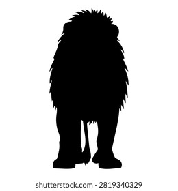 A striking black silhouette of a lion showcasing its regal posture and mane against a plain white background.
