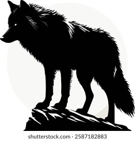 A striking black silhouette of a lone wolf standing on a rugged rock, illuminated by the glow of a full moon. The artwork features sharp angles and clean edges, creating a bold and dramatic effect.