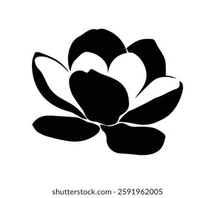 A striking black silhouette of a magnolia flower and leaves on a white background.