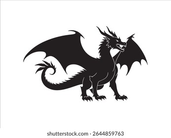 A striking black silhouette of a majestic dragon with expansive wings is set against a clean white background. 