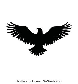 A striking black silhouette of a majestic eagle soars against a pristine white backdrop in this versatile vector illustration. The bird of prey's powerful form, with its wings spread wings wide