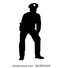 A striking black silhouette of a man standing confidently with hands on hips, set against a plain white background, emphasizing posture and stance.