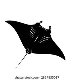 A striking black silhouette of a manta ray, showcasing its majestic wingspan and unique shape against a white background.